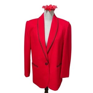 VTG Casablanca Red Wool Blazer Jacket Women’s Size 6 Black Trim 100% Pure Wool